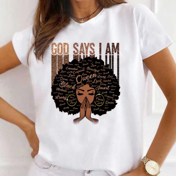 Women’s Afro style God says i am text Print T-shirt